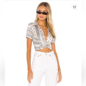 Revolve Jenela Twist Front Shirt in Cream & Black